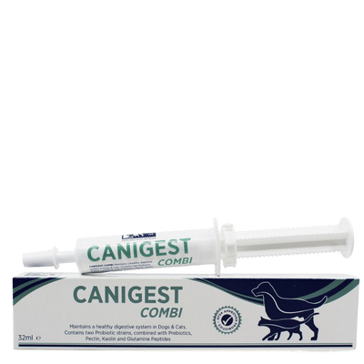 Canigest Combi tube and box for dogs and cats, promoting digestive health with probiotics and prebiotics.