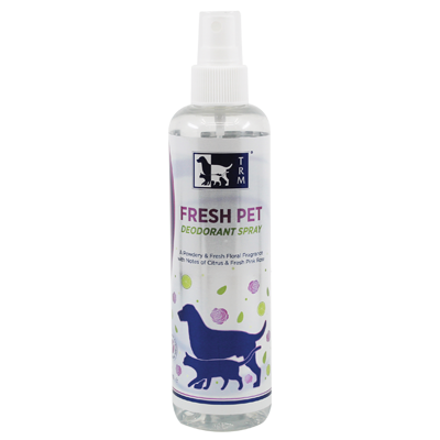 Bottle of Fresh Pet deodorant spray with floral and citrus fragrance for pets.