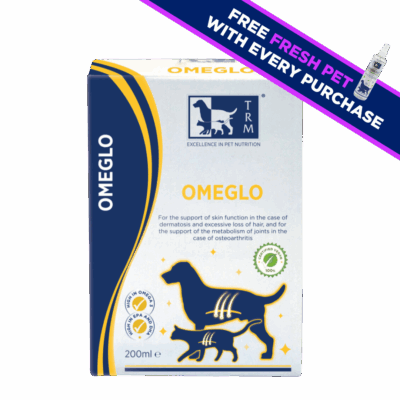 Omeglo TRM pet supplement bottle for dogs and cats