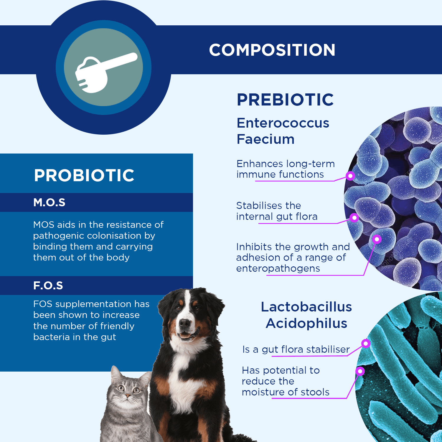 Canigest Combi 32ml Multipack for Digestive Health composition chart showing probiotics and prebiotics for pets.