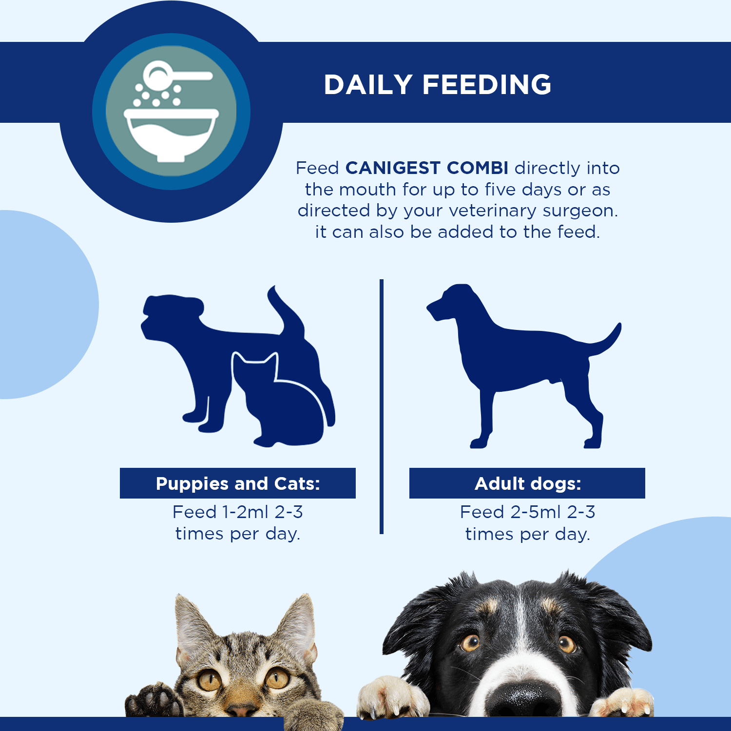 Daily feeding instructions for Canigest Combi 32ml Multipack for Digestive Health for puppies, cats, and adult dogs.