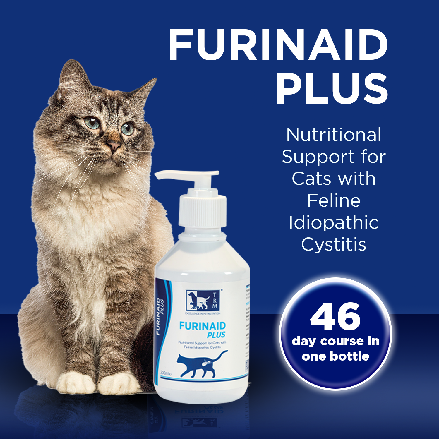 Furinaid Plus bottle with cat promoting nutritional support for feline idiopathic cystitis, 46 day course in one bottle.