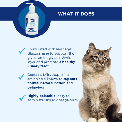 Furinaid Plus bottle with cat, supports healthy urinary tract and normal nerve function in a palatable liquid form.