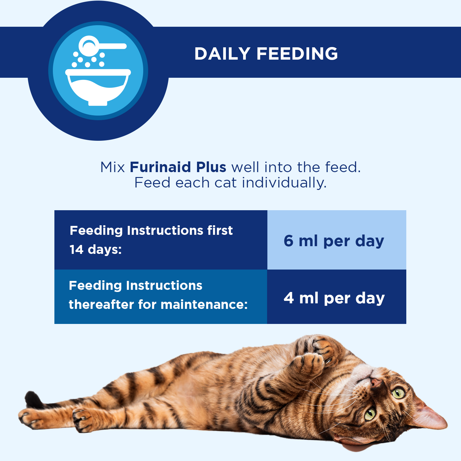 Daily feeding instructions for Furinaid Plus with dosage details for cats.