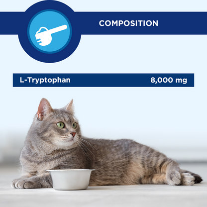 Furinaid Plus cat product showing L-Tryptophan content with a gray cat beside a bowl.